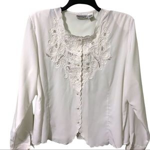 80s/90s Vtg Embroidery Button Collar Cottagecore Grandmacore Blouse White 22W